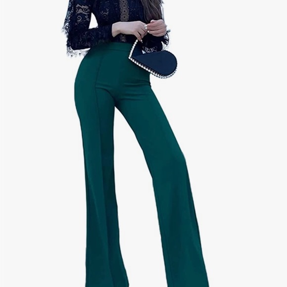 IvyMoo.Jade/teal crepe pleated pants.High waist.SzL 6-8.Long flare/boot cut. - Picture 2 of 3